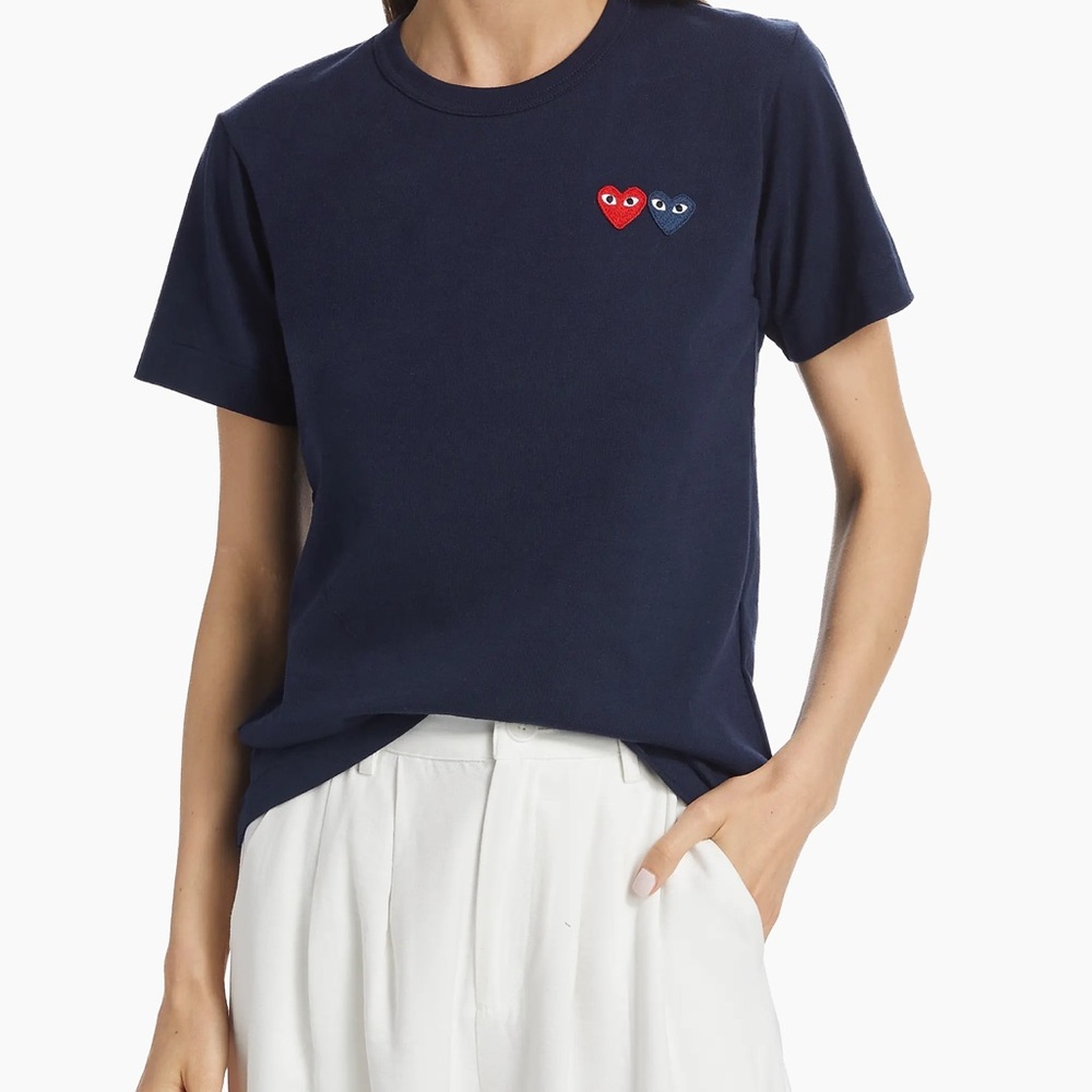 Comme des Garçons Play Blue Tee with Double Heart Embroidered Detail